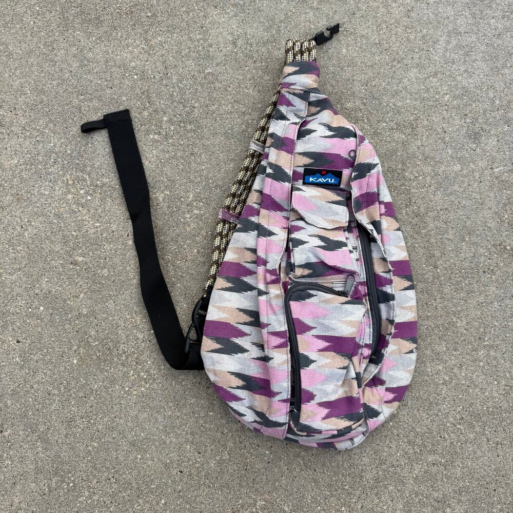 Kanu 100% Cotton Southwestern Pink Purple Gray Cream Rope Sling Bag Purse